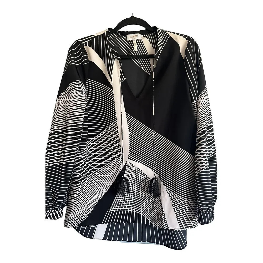 Laundry Shelli Segal Tasseled Tie Neck Keyhole Long Sleeve Lightweight Blouse 8
